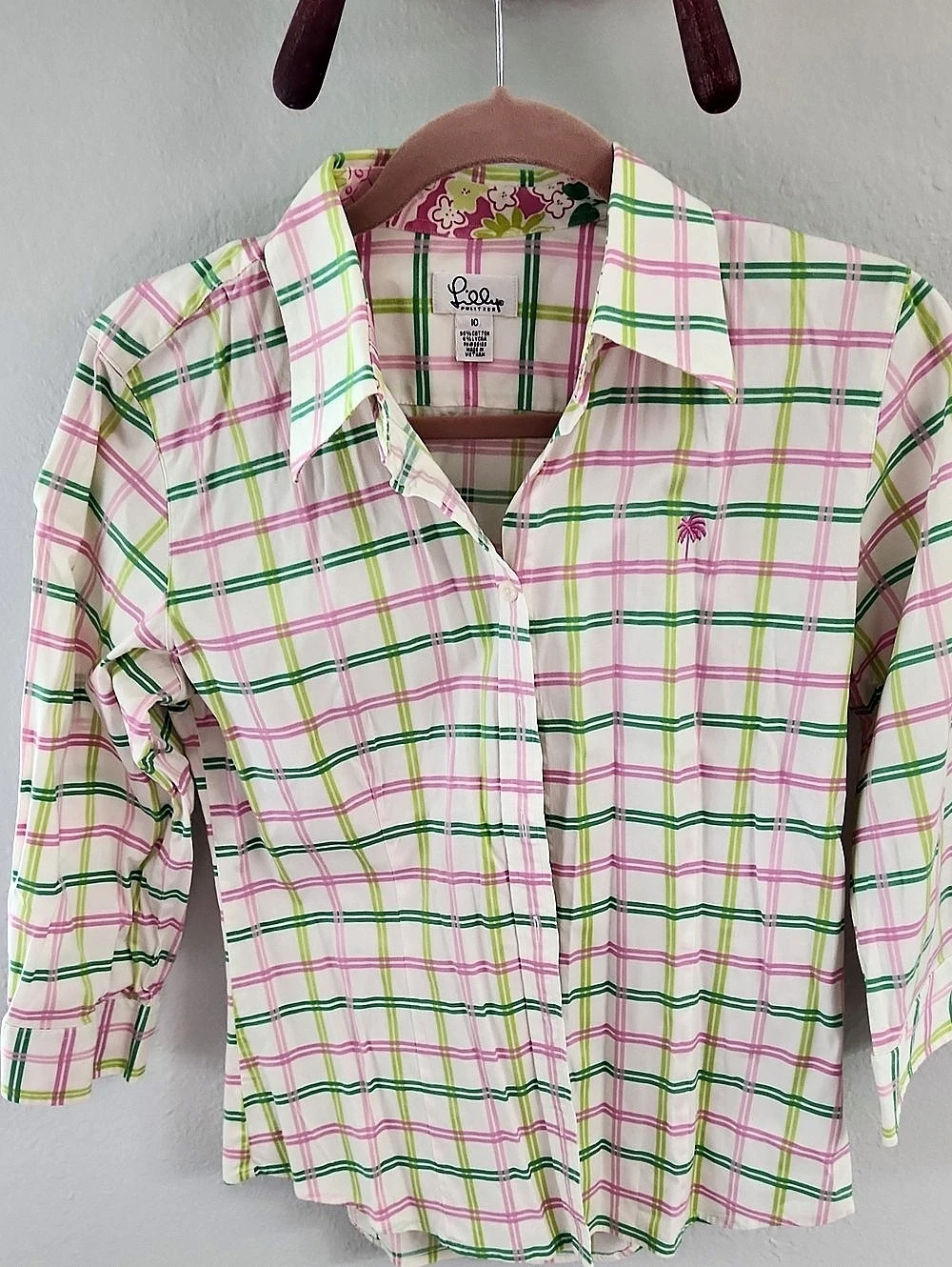 Vintage Lilly Pulitzer Plaid Button Down Shirt 3/4 Slee in White & Pink Size 10